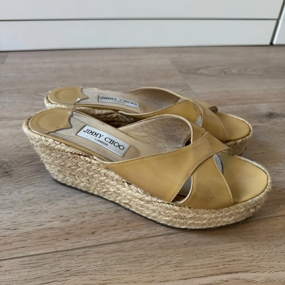 Jimmy Choo Yellow Patent Leather Wedge Espadrille Sandals